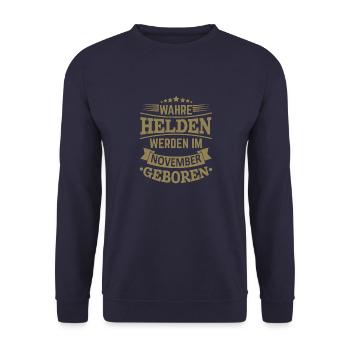 Wahre Helden werden im November geboren - Unisex Pullover - Navy - Vorne - Alina (178cm) & Michal (187cm)