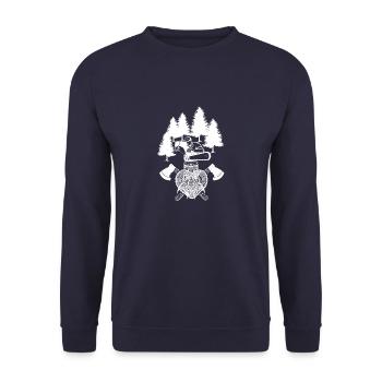 Chainsaw Axe Forester Lumberjack Saw Chain - Unisex Sweatshirt - navy - Front - Alina (178cm) & Michal (187cm)