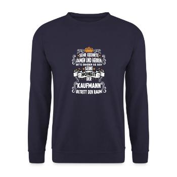 Kaufmann Lustig Spruch Beruf Einzelhandelskaufmann - Unisex Pullover - Navy - Vorne - Alina (178cm) & Michal (187cm)