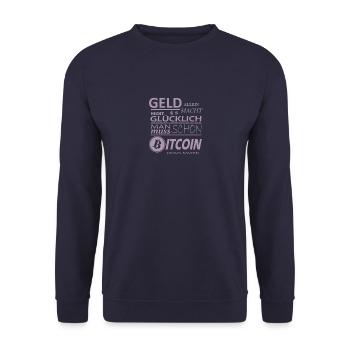 Bitcoin Sprüche Geld allein macht nicht glücklich - Unisex Pullover - Navy - Vorne - Alina (178cm) & Michal (187cm)
