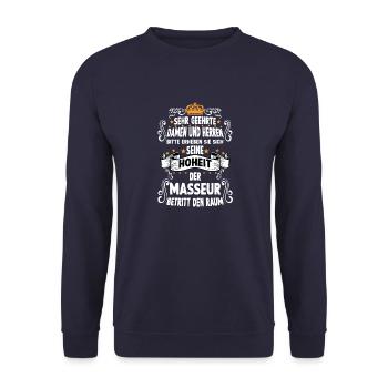 Masseur T witziges Spruch Motiv Masseur - Unisex Pullover - Navy - Vorne - Alina (178cm) & Michal (187cm)