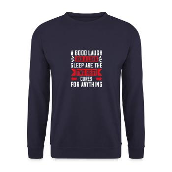 Ein gutes Lachen und ein langer Schlaf sind die beiden besten - Unisex Pullover - Navy - Vorne - Alina (178cm) & Michal (187cm)