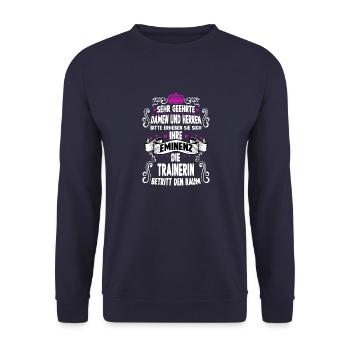 Trainerin T Witziges Spruch Motiv Fitnesstrainerin - Unisex Pullover - Navy - Vorne - Alina (178cm) & Michal (187cm)