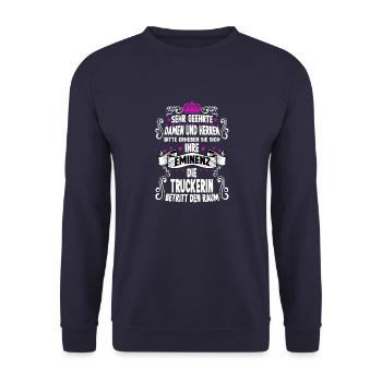 Lkw Fahrerin T witziges Spruch Motiv LKW-Fahrerin - Unisex Pullover - Navy - Vorne - Alina (178cm) & Michal (187cm)