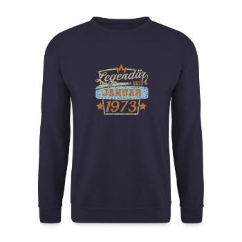 Legendär seit Januar 1973 Retro Geburtstag Sprüche - Unisex Pullover - Navy - Vorne - Alina (178cm) & Michal (187cm)