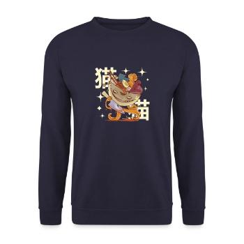 Ramen Monster Design - Otaku Anime Manga - Unisex Pullover - Navy - Vorne - Alina (178cm) & Michal (187cm)