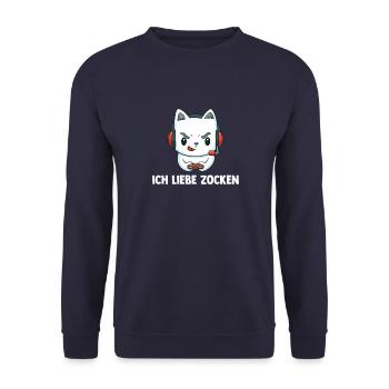 Ich Liebe Computer Zocken - Gaming Katze Computer - Unisex Pullover - Navy - Vorne - Alina (178cm) & Michal (187cm)