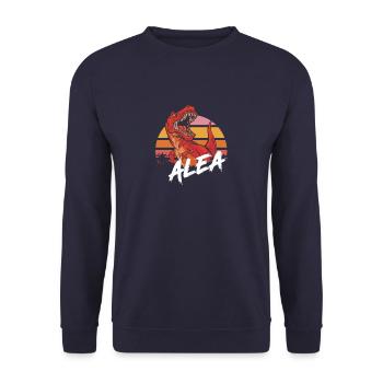 ALEA - Schöner Mädchen Name mit T-REX Dino - Unisex Pullover - Navy - Vorne - Alina (178cm) & Michal (187cm)