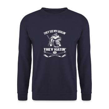 Eishockey Torwart Hockey Sport Spieler Lebensstil - Unisex Pullover - Navy - Vorne - Alina (178cm) & Michal (187cm)