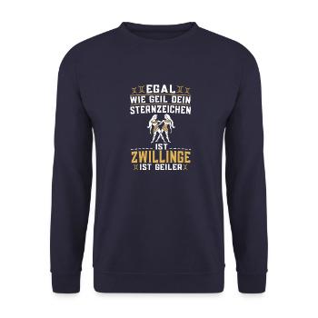 Zwilling Egal wie geil dein Sternzeichen Sternbild - Unisex Pullover - Navy - Vorne - Alina (178cm) & Michal (187cm)
