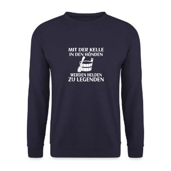 Sauna Kelle Helden Spruch Saunieren Dampfbad - Unisex Pullover - Navy - Vorne - Alina (178cm) & Michal (187cm)