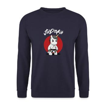 Niedliches Judoka Einhorn - Judo Judoist - Unisex Pullover - Navy - Vorne - Alina (178cm) & Michal (187cm)