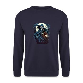 Böser Sensenmann - Satanisches okkultes Skelett - Unisex Pullover - Navy - Vorne - Alina (178cm) & Michal (187cm)