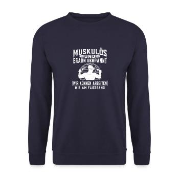Muskulös und braun gebrannt Maurermeister Maurer - Unisex Pullover - Navy - Vorne - Alina (178cm) & Michal (187cm)