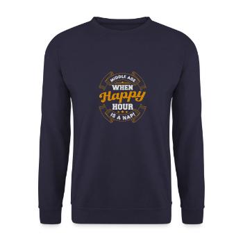 MIDDLE AGE WHEN HAPPY HOUR IS A NAP - Unisex Sweatshirt - navy - Front - Alina (178cm) & Michal (187cm)