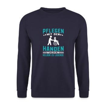Pflegen mit den Händen werden Helden zu Legenden - Unisex Pullover - Navy - Vorne - Alina (178cm) & Michal (187cm)