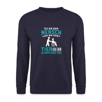 Kein Mensch kein Tier Altenpflege Pflegehelfer - Unisex Pullover - Navy - Vorne - Alina (178cm) & Michal (187cm)