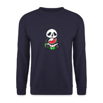 Süßer Panda sitzt und isst eine Wassermelone - Unisex Pullover - Navy - Vorne - Alina (178cm) & Michal (187cm)