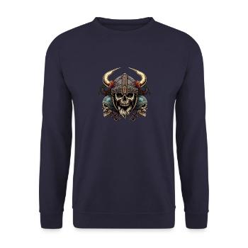 Gespenstische Walhalla-Wikinger-Skelettköpfe - Unisex Pullover - Navy - Vorne - Alina (178cm) & Michal (187cm)