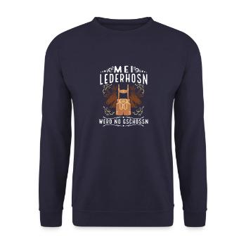 Trachten Mei Lederhosn wird Lausbua Bayrisches - Unisex Pullover - Navy - Vorne - Alina (178cm) & Michal (187cm)