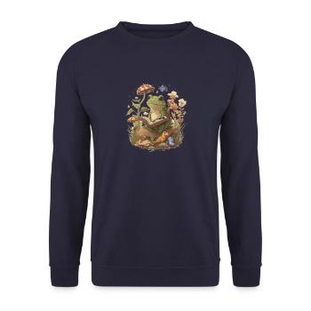 White Cottagecore Aesthetic Mushroom Frog Reading - Unisex Sweatshirt - navy - Front - Alina (178cm) & Michal (187cm)