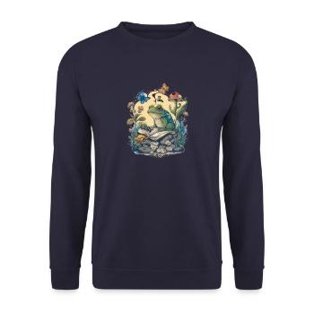 White Cottagecore Aesthetic Mushroom Frog Reading - Unisex Sweatshirt - navy - Front - Alina (178cm) & Michal (187cm)