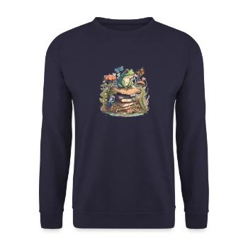 White Cottagecore Aesthetic Mushroom Frog Reading - Unisex Sweatshirt - navy - Front - Alina (178cm) & Michal (187cm)