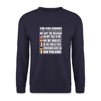 Sprich mich nicht an Geschenkidee - Unisex Pullover - Navy - Vorne - Alina (178cm) & Michal (187cm)