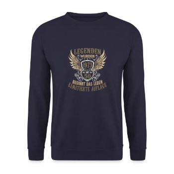 Herren 50.Geburtstag für Legenden Geburtsjahr 1973 - Unisex Pullover - Navy - Vorne - Alina (178cm) & Michal (187cm)