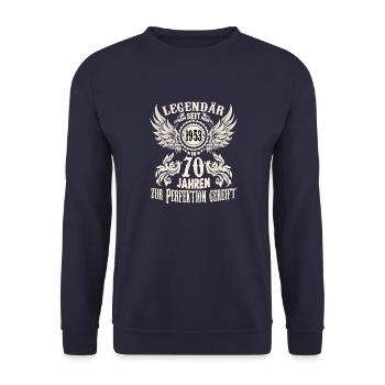 Geburtstags Shirt für 70 jährige Legende Ehrentag - Unisex Pullover - Navy - Vorne - Alina (178cm) & Michal (187cm)
