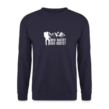 Wer rastet der rostet - Berge Wanderer Bergsteigen - Unisex Pullover - Navy - Vorne - Alina (178cm) & Michal (187cm)