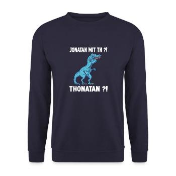 Jonathan T-Rex Dinosaurier Meme Dino Trex Namens - Unisex Pullover - Navy - Vorne - Alina (178cm) & Michal (187cm)