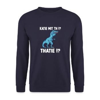 Katie oder Kathie T-Rex Überbiss Dinosaurier Meme - Unisex Pullover - Navy - Vorne - Alina (178cm) & Michal (187cm)