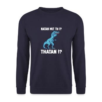 Nathan T-Rex Dinosaurier Meme Dino Trex Namens - Unisex Pullover - Navy - Vorne - Alina (178cm) & Michal (187cm)