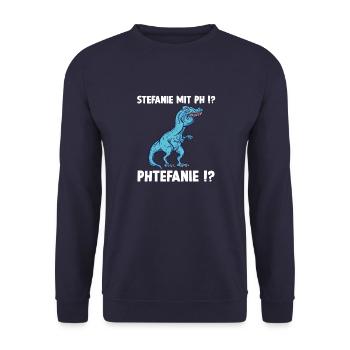 Stefanie Shirt lustiges Trex Meme Überbiss - Unisex Pullover - Navy - Vorne - Alina (178cm) & Michal (187cm)