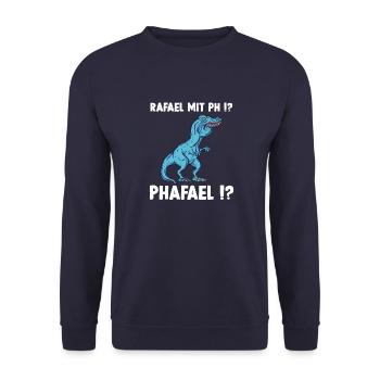 TRex Meme Dinosaurier mit Überbiss Rafael mit ph R - Unisex Pullover - Navy - Vorne - Alina (178cm) & Michal (187cm)