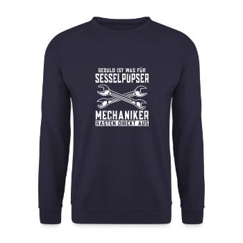 KFZ Mechaniker Geduld ist was für Sesselpupser - Unisex Pullover - Navy - Vorne - Alina (178cm) & Michal (187cm)