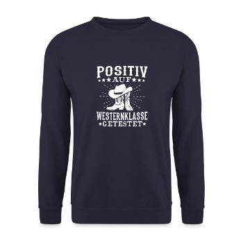 Positiv auf Westernklasse getestet Cowboy Country - Unisex Pullover - Navy - Vorne - Alina (178cm) & Michal (187cm)