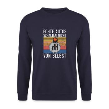 Echte Autos schalten nicht von selbst - Design - Unisex Pullover - Navy - Vorne - Alina (178cm) & Michal (187cm)
