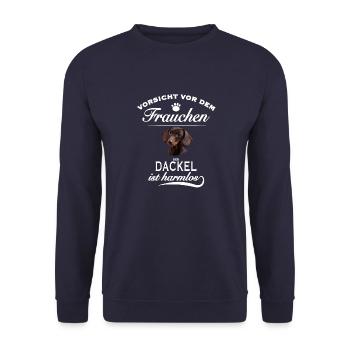 Vorsicht vor dem Frauchen - der Dackel ist harmlos - Unisex Pullover - Navy - Vorne - Alina (178cm) & Michal (187cm)