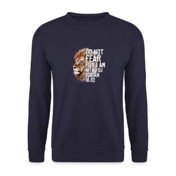 Christlich Religiös Bibel Vers Sprüche Löwe Angst - Unisex Pullover - Navy - Vorne - Alina (178cm) & Michal (187cm)