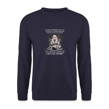 Christlicher Bibelvers Religiöses Kreuz Anime Ritter - Unisex Pullover - Navy - Vorne - Alina (178cm) & Michal (187cm)