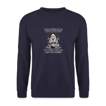 Christlicher Bibelvers Religiöses Kreuz Anime Ritter - Unisex Pullover - Navy - Vorne - Alina (178cm) & Michal (187cm)