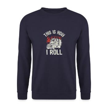 Lkw-Fahrer Trucker Vintage Sattelzug Sprüche - Unisex Pullover - Navy - Vorne - Alina (178cm) & Michal (187cm)