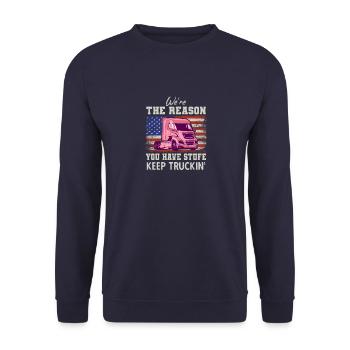 Lkw-Fahrer Trucker Vintage Sattelzug Sprüche - Unisex Pullover - Navy - Vorne - Alina (178cm) & Michal (187cm)