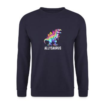 Allysaurus Dinosaurier Regenbogenflagge für Verbündete LGBT Wortspiel - Unisex Pullover - Navy - Vorne - Alina (178cm) & Michal (187cm)