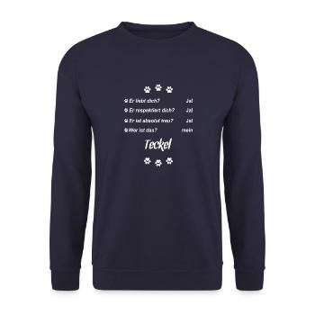 Er liebt Dich. Wer ist das? Mein - Teckel - Unisex Pullover - Navy - Vorne - Alina (178cm) & Michal (187cm)