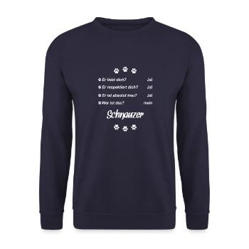 Er liebt Dich. Wer ist das? Mein - Schnauzer - Unisex Pullover - Navy - Vorne - Alina (178cm) & Michal (187cm)
