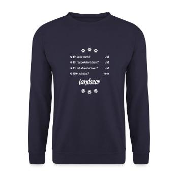 Er liebt Dich. Wer ist das? Mein - Landseer - Unisex Pullover - Navy - Vorne - Alina (178cm) & Michal (187cm)