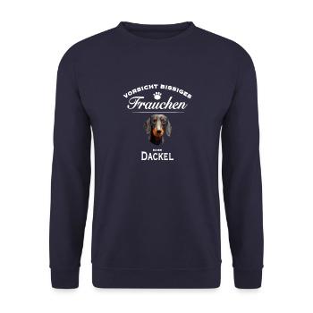 Vorsicht - Bissiges Frauchen - Dackel - Unisex Pullover - Navy - Vorne - Alina (178cm) & Michal (187cm)